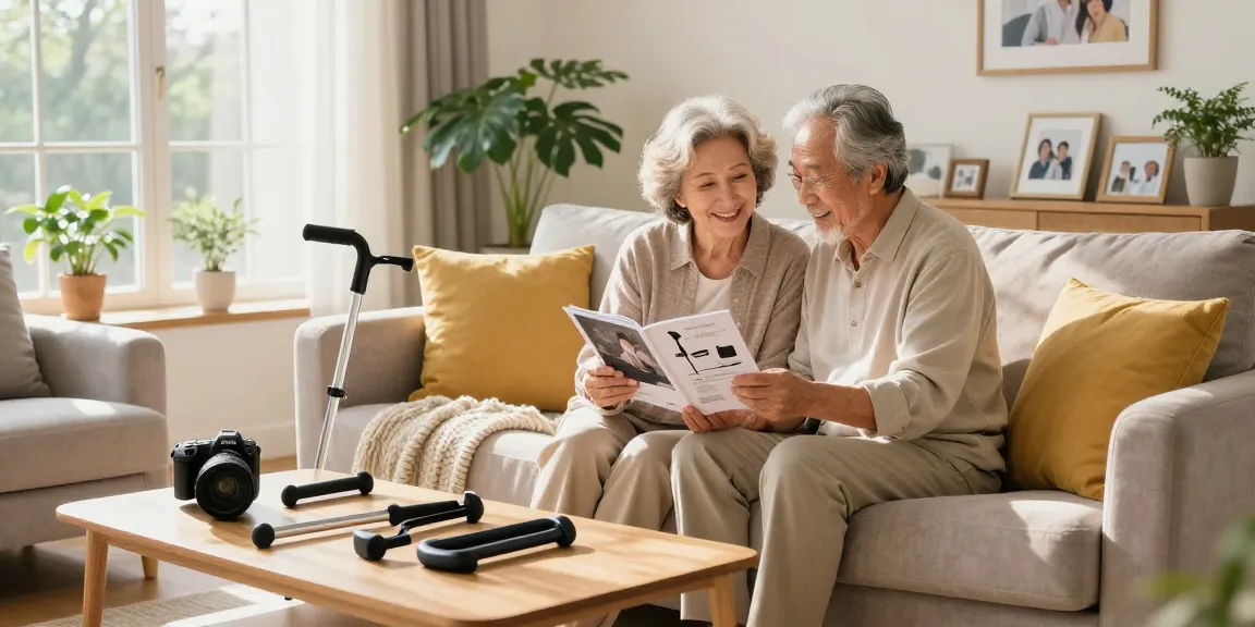 buy nobility aids in a cozy living room, elderly couple exploring mobility aids for independence