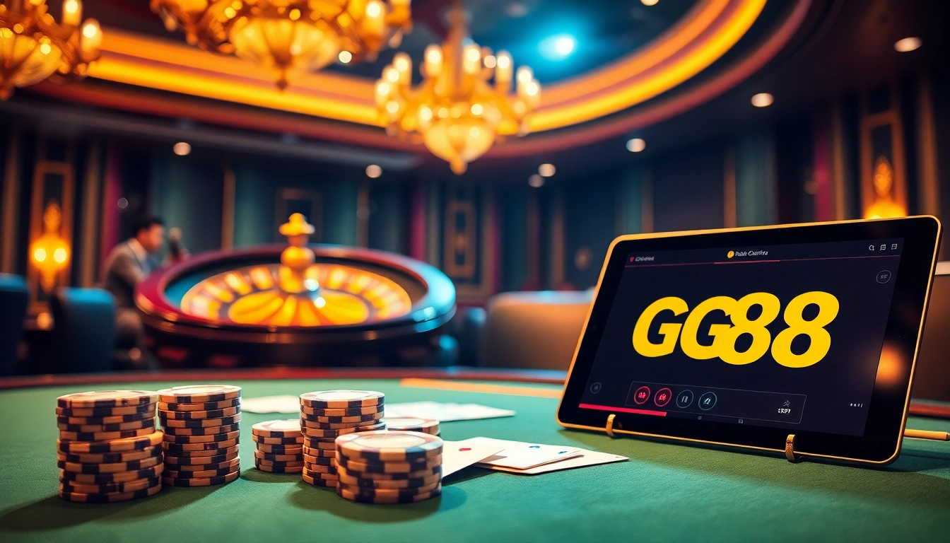 Experience the thrill of GG 88 with a dazzling poker table, chips, and a spinning roulette wheel.