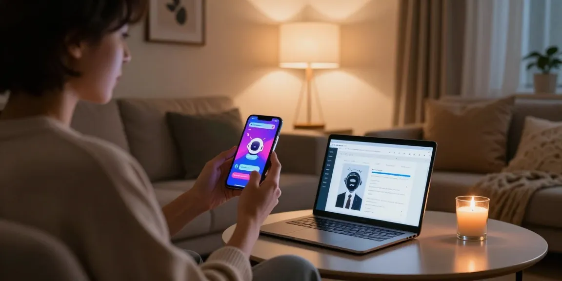 Engaging in sexting AI conversations in a cozy living room setting with warm lighting.