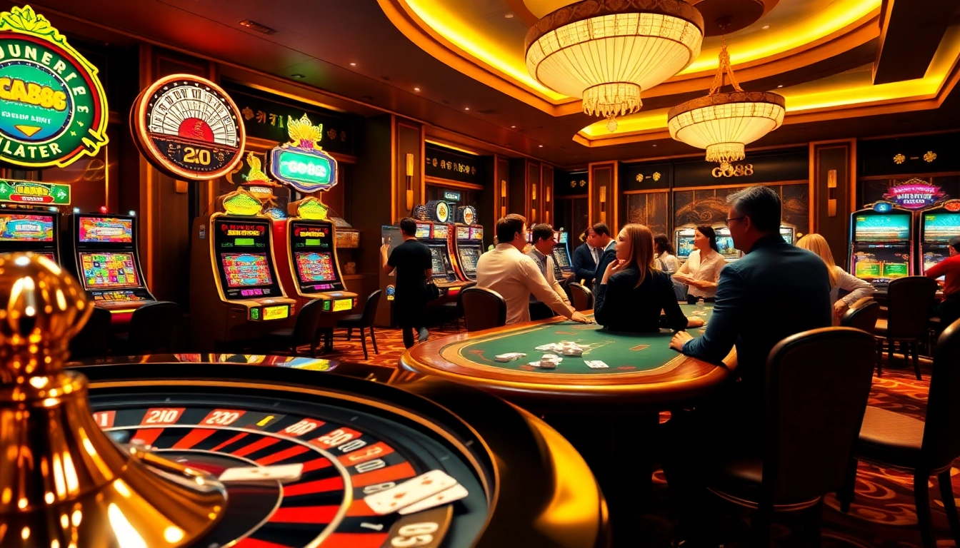 Players engaging in thrilling games at the GO88 casino, surrounded by vibrant slot machines and poker tables.
