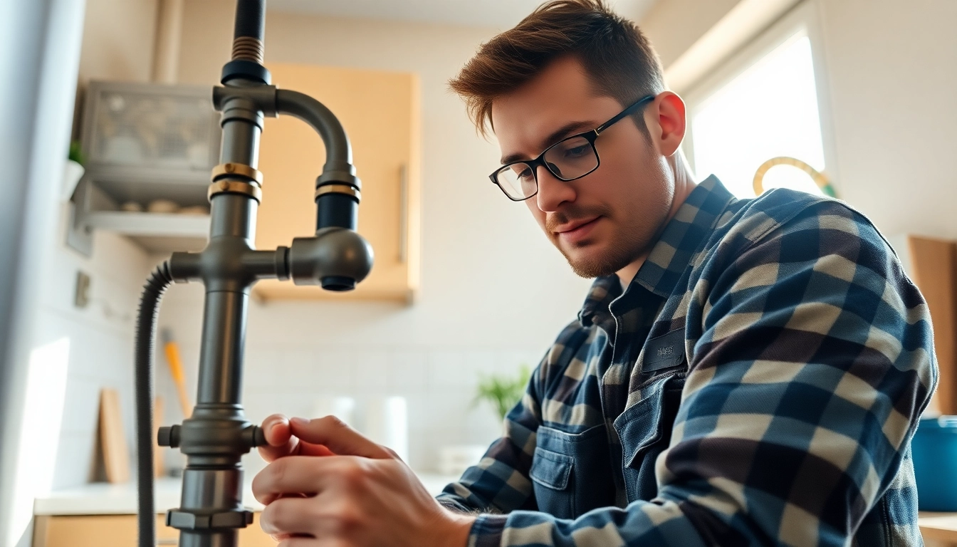 Plumber near me fixing a leaky faucet in a modern kitchen.