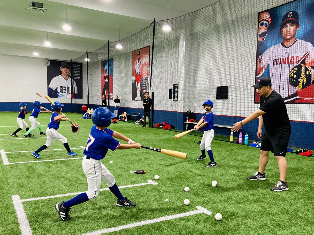 Youth baseball training at hitclub facility, young athletes practicing hitting skills.