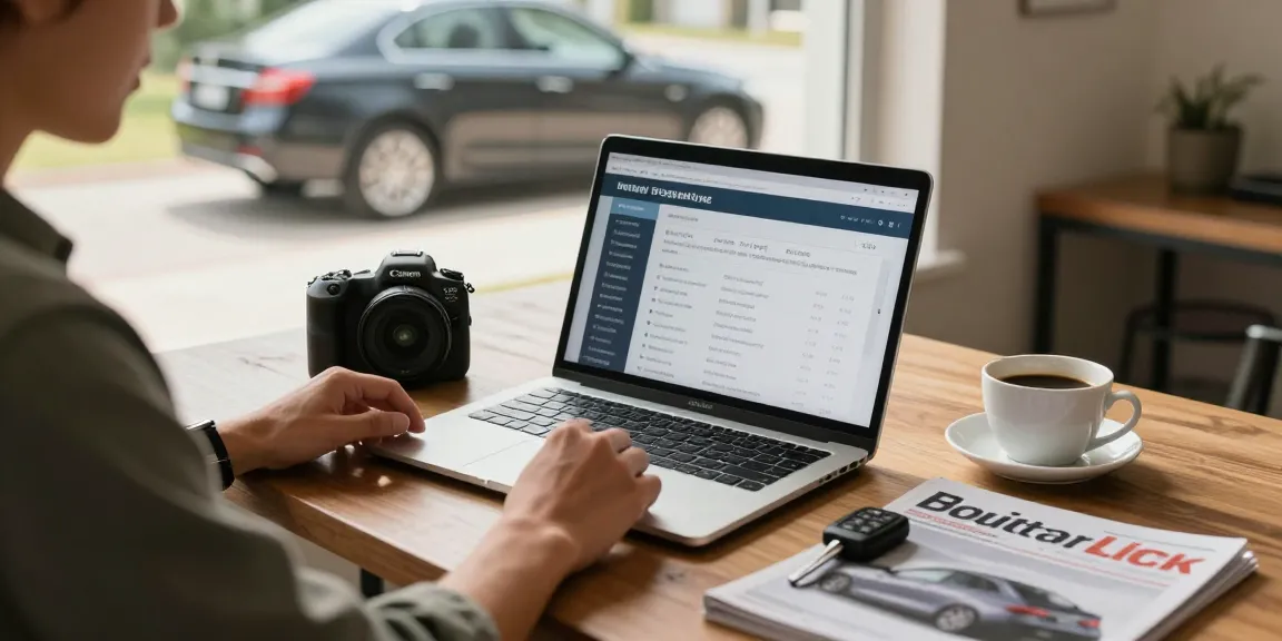 Car history check UK process in a cozy office with a laptop and vehicle report.