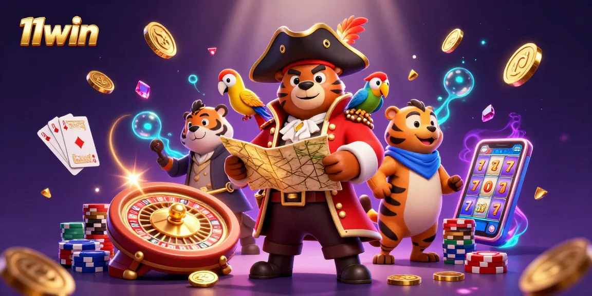 Join the excitement at 11win with vibrant casino characters amidst spinning reels and sparkling treasures.