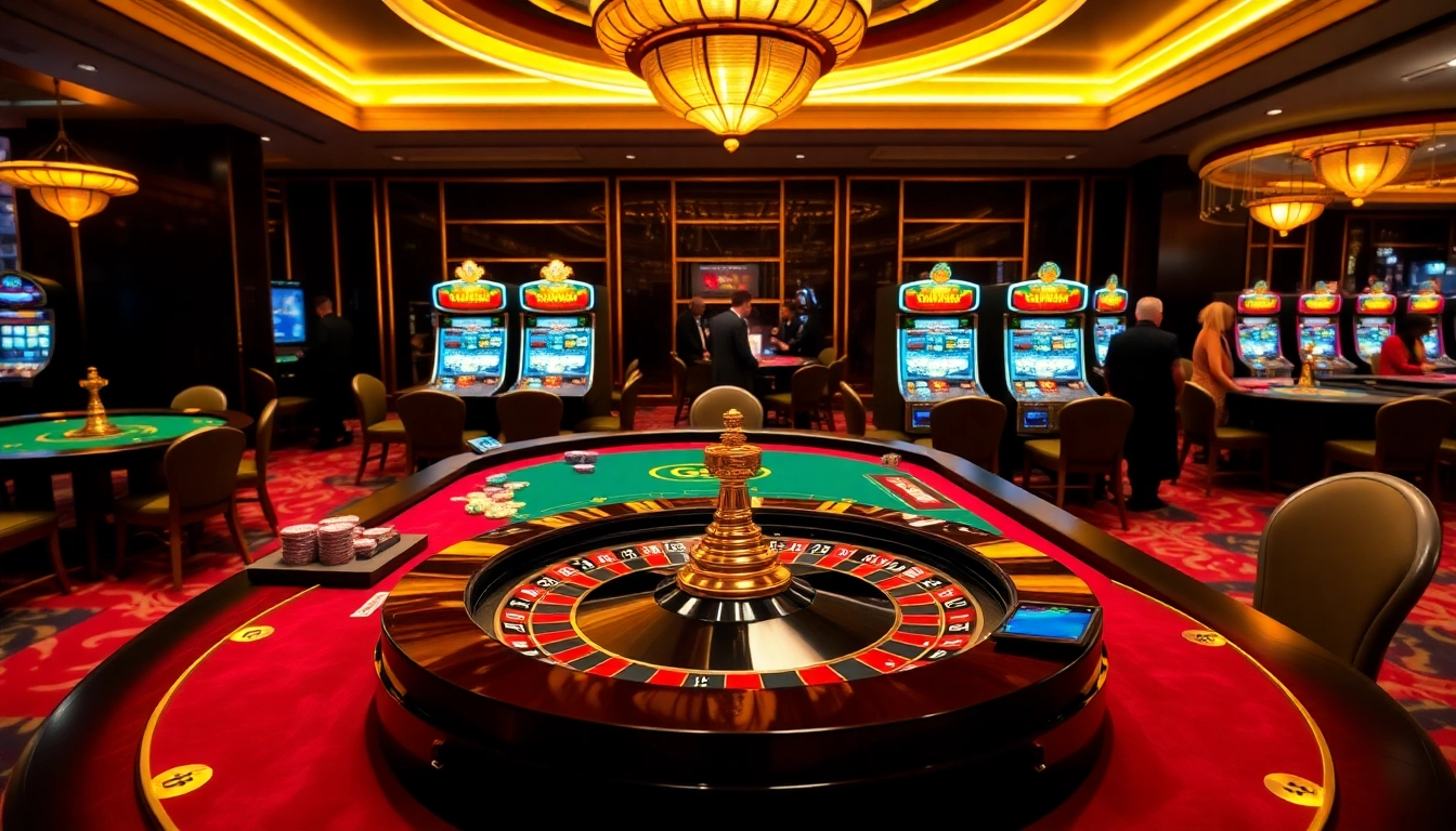 Experience the thrill of pg88 gaming in a luxurious casino setting with vibrant tables and slot machines.
