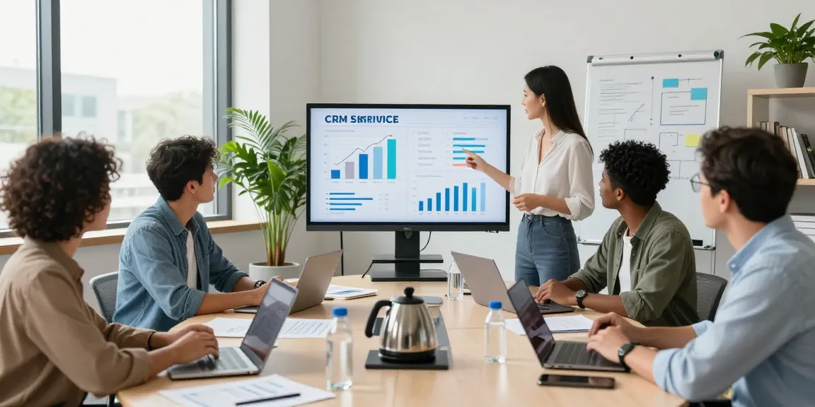 Collaborative team meeting discussing CRM for home service companies in a bright, modern office.