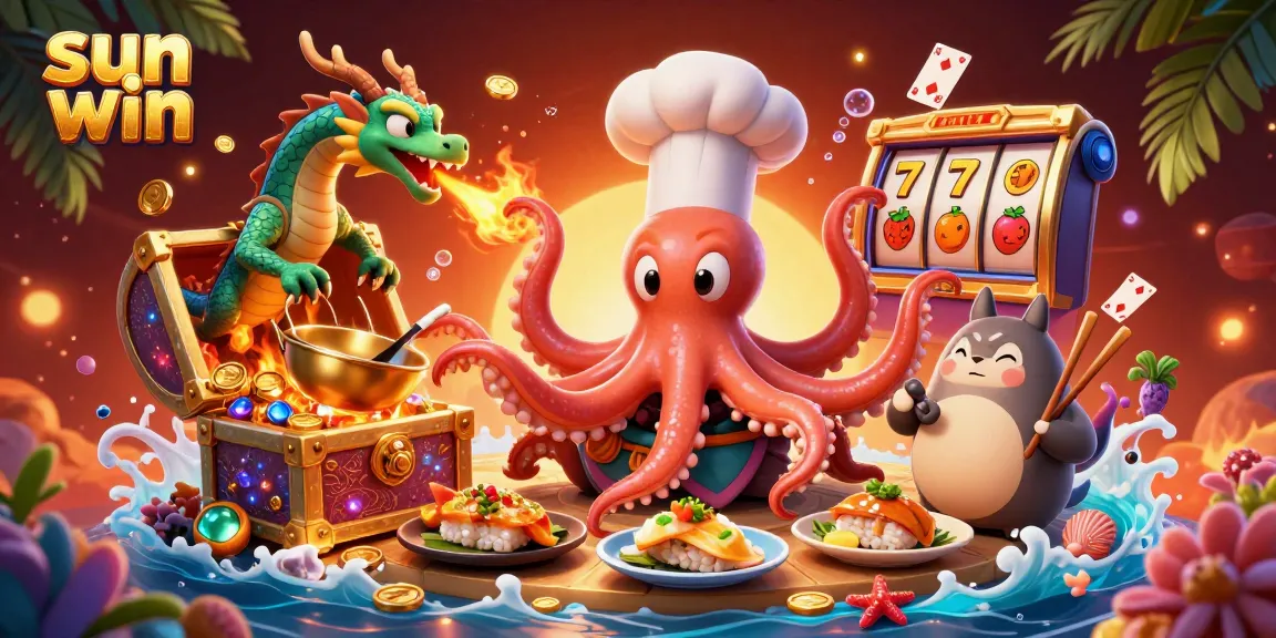 Experience the excitement of sun win with vibrant characters and dynamic casino elements in a colorful underwater-themed illustration.