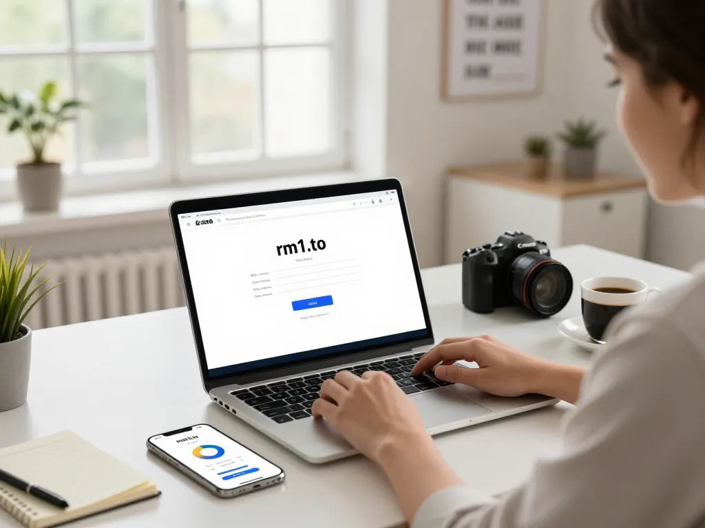 Secure rm1.to login page displayed on a user’s laptop in a bright workspace.