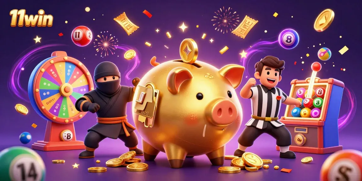 Join the exciting world of 11win with vibrant lottery and casino elements in a dynamic illustration.