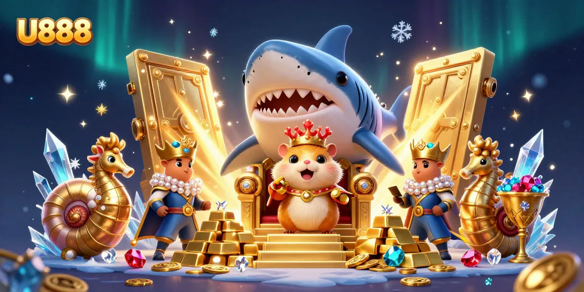 U888 players revel in fortune, represented by a golden hamster king and treasure elements, showcasing rich gambling experience.