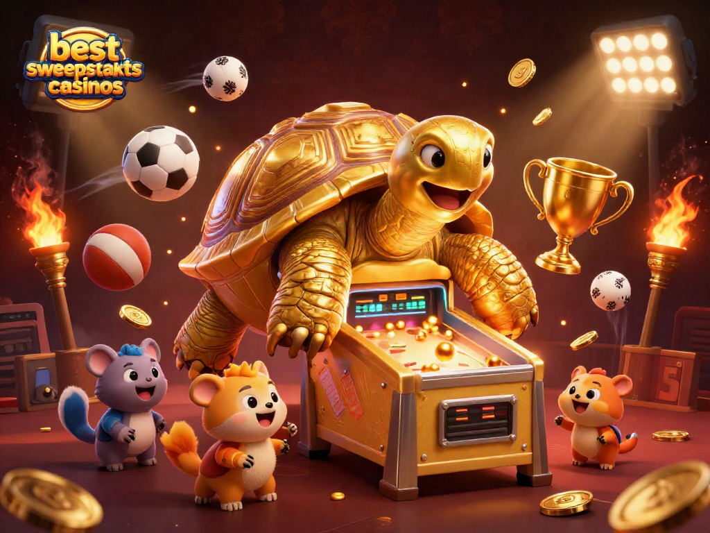 Engage with the best sweepstakes casinos through an exciting 3D illustration showcasing a golden tortoise and dynamic game elements.