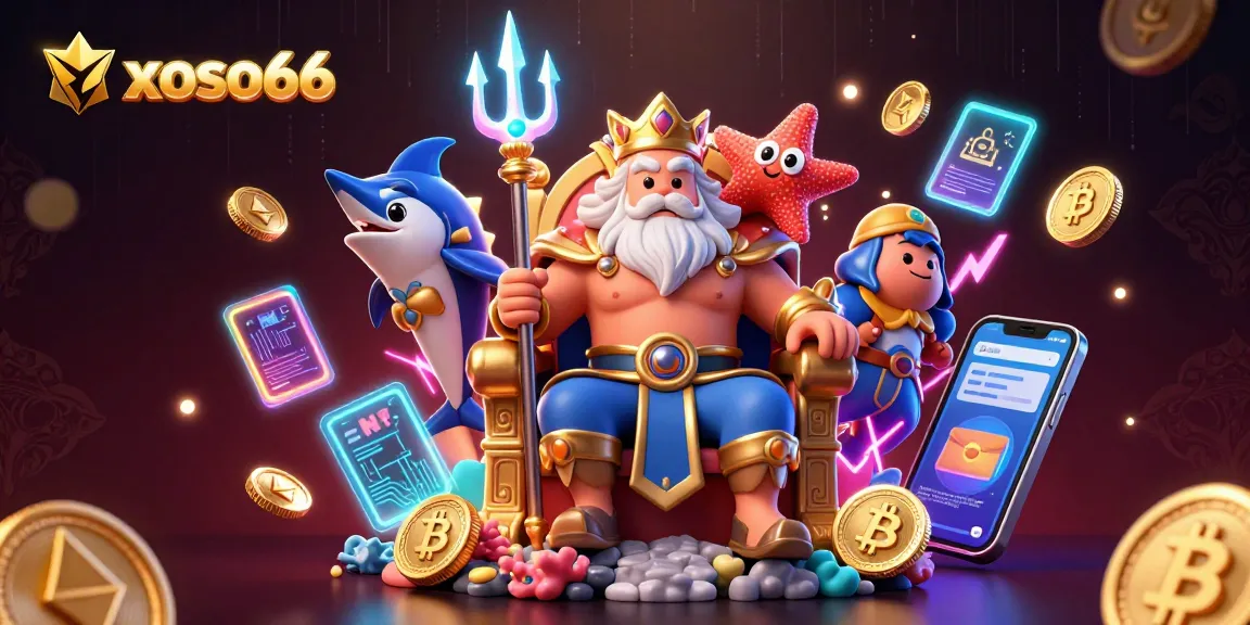 Xoso66 offers exciting lottery experiences with vibrant characters celebrating gains and interactive crypto elements.
