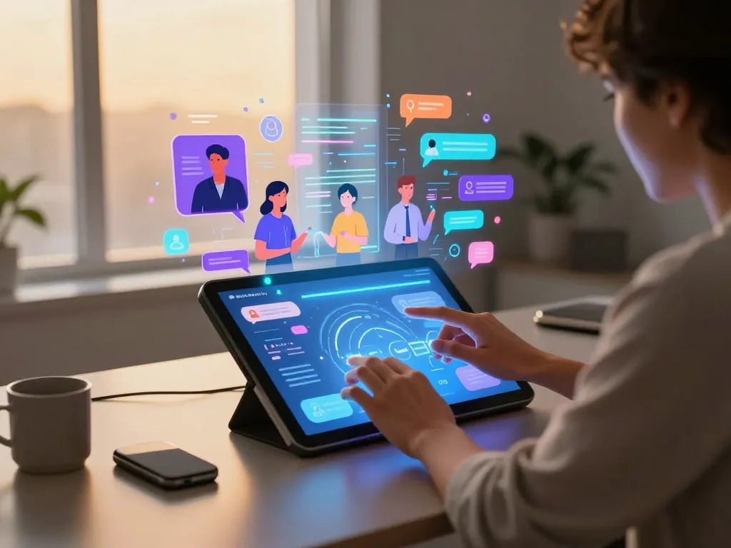 Engaging scene of a person enjoying porn ai chat on a touchscreen device in a vibrant tech workspace.