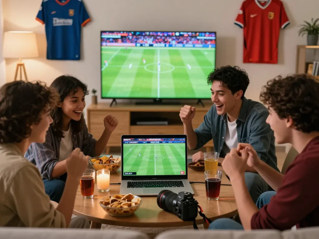 Friends enjoying the lively atmosphere of online sports betting with OKFUN, discussing football match odds together.