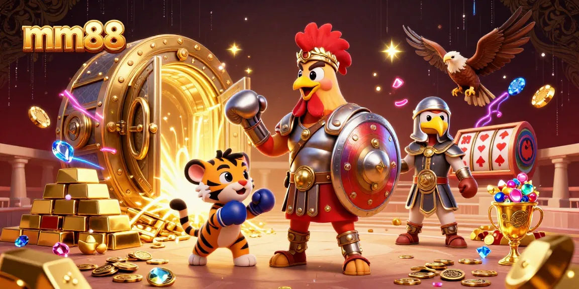 Win big with mm88 at this vibrant 3D casino scene featuring a colorful rooster and gambling elements.