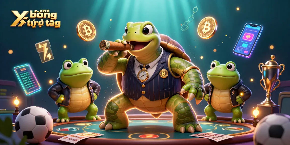 Savor the excitement of xem bóng đá trực tiếp with a dynamic 3D illustration featuring a mobster snapping turtle and bullfrog enforcers.