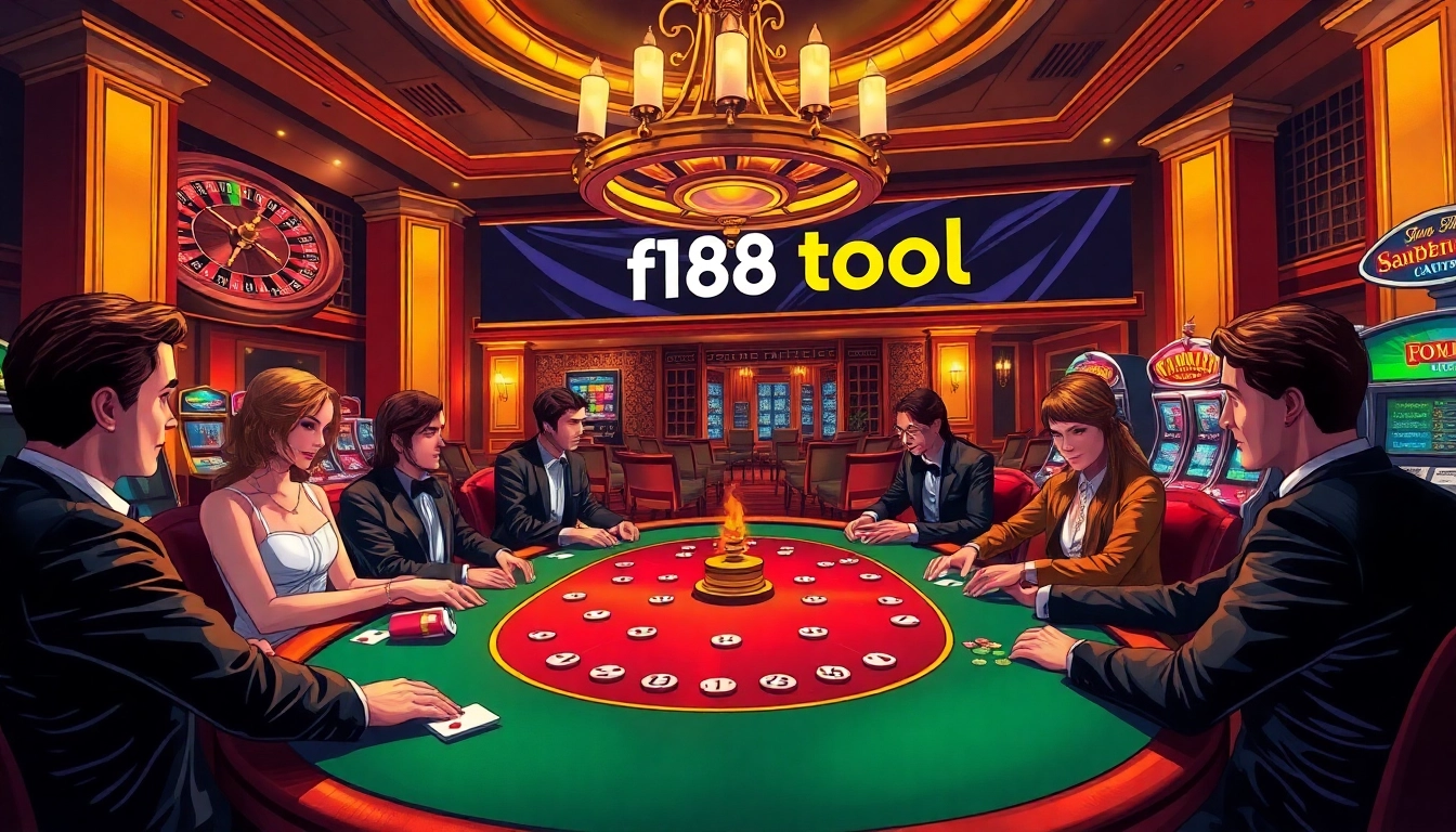 Exciting poker game scene with f168 tools branding, featuring players, chips, and a roulette wheel.