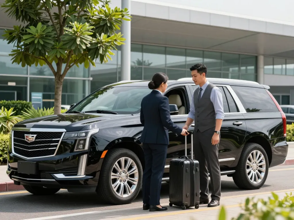 Luxury chauffeur service at O'Hare Airport showcasing surrounding areas (high value) with elegant Cadillac Escalade.