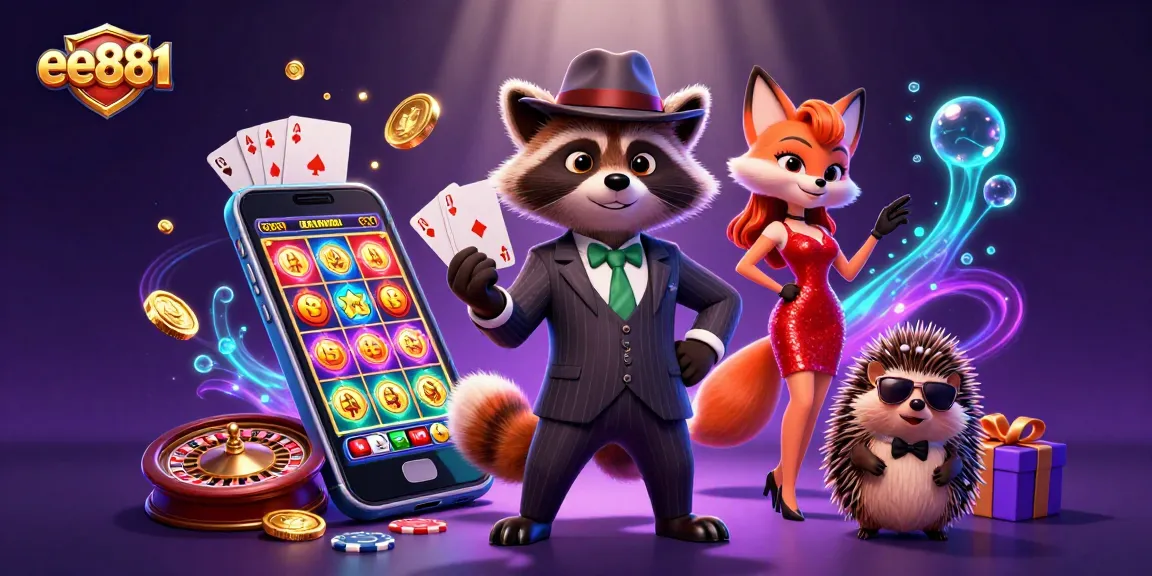 Experience thrilling gaming action with ee881, showcasing raccoon in a royal flush scene.