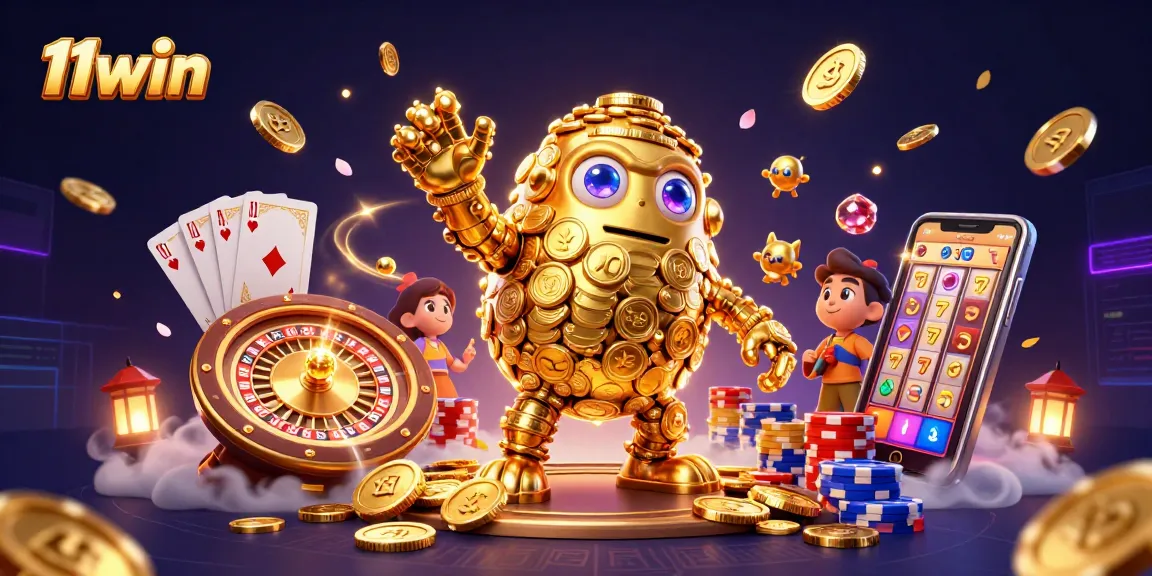 Experience thrilling casino action with 11win's 3D cartoon golden golem and vibrant gaming elements.