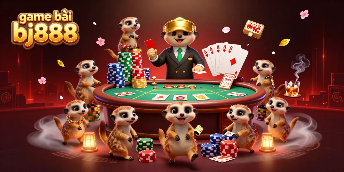 Experience thrilling game bài bj888 action with meerkats orchestrating a vibrant casino scene, surrounded by colorful chips and more.