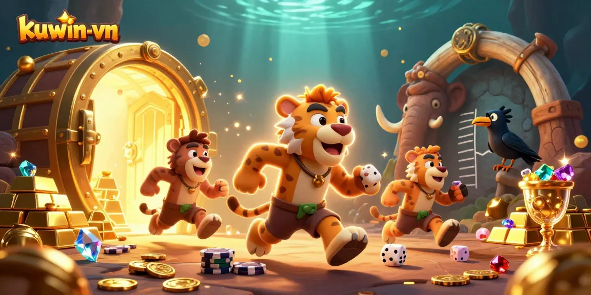 Engage with kuwin-vn at this dynamic prehistoric casino scene featuring cartoon characters and luxury gambling elements.
