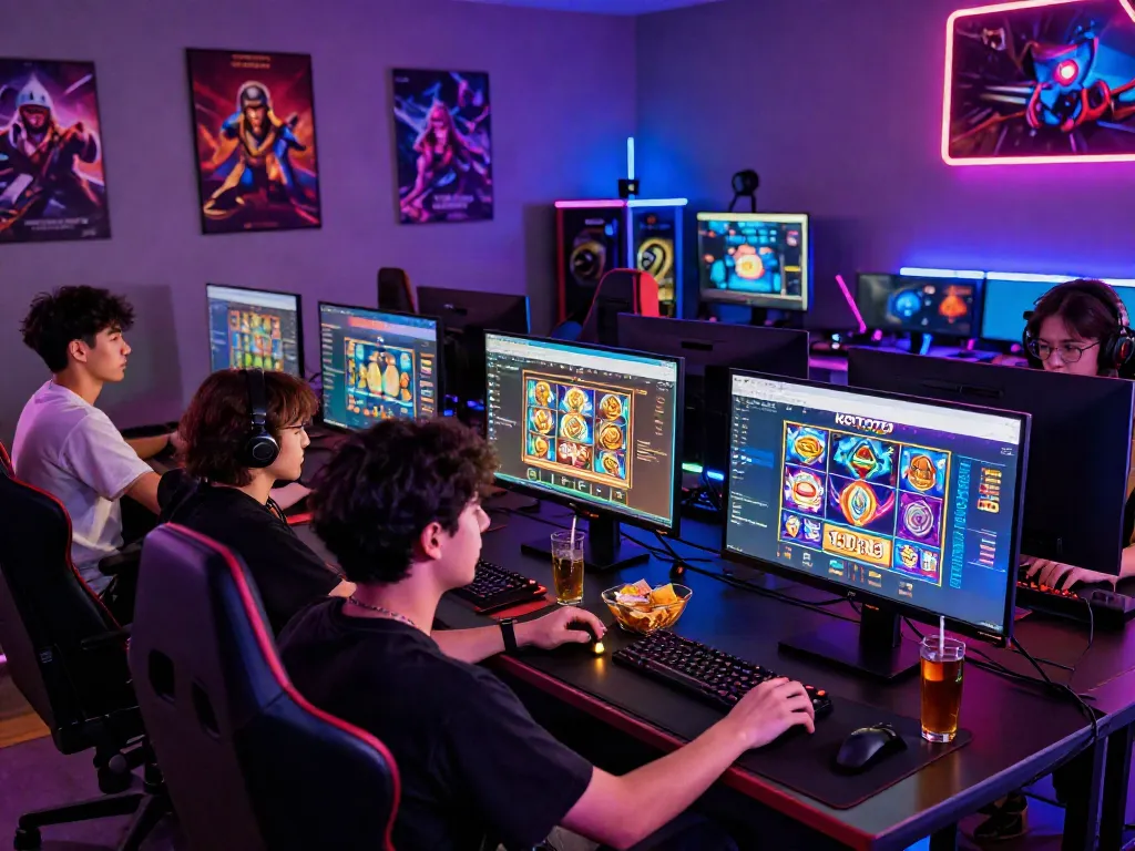 Group enjoying the excitement of situs gacor gaming on KOITOTO with vibrant LED lighting and engaging atmosphere.