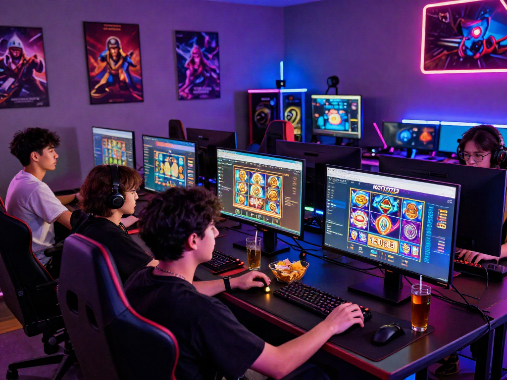 Group enjoying the excitement of situs gacor gaming on KOITOTO with vibrant LED lighting and engaging atmosphere.