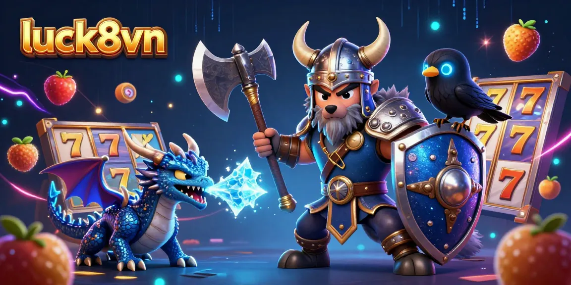 Experience excitement at luck8vn with slot reels and jackpot treasures in a vibrant illustration.