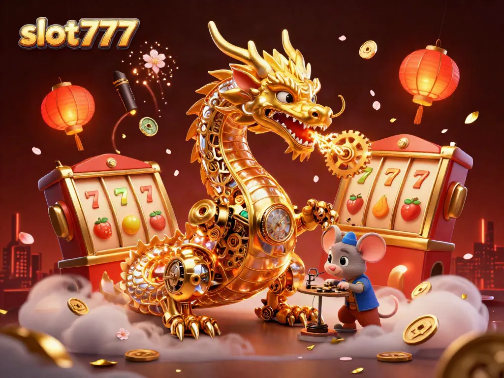 Join the thrill of slot777 gameplay, featuring a golden dragon and slot reels in a dazzling casino scene.