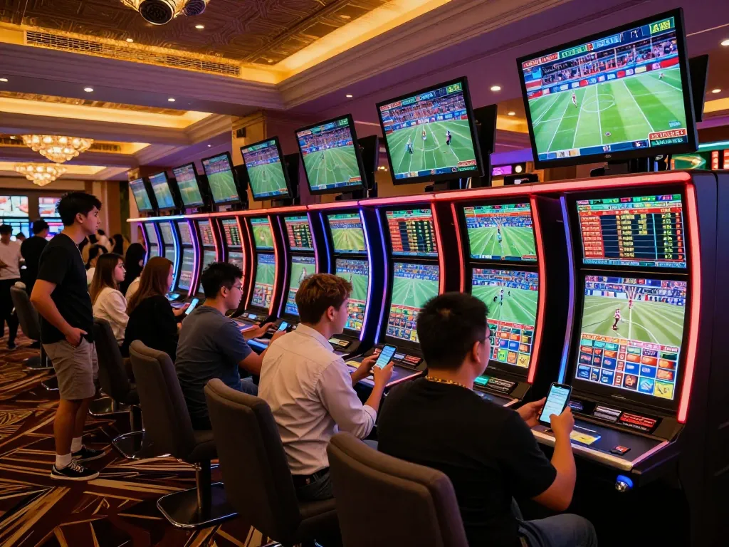 Tỷ lệ kèo nhà cái hôm nay highlighted in vibrant sports betting scene with excited patrons engaged in live betting.