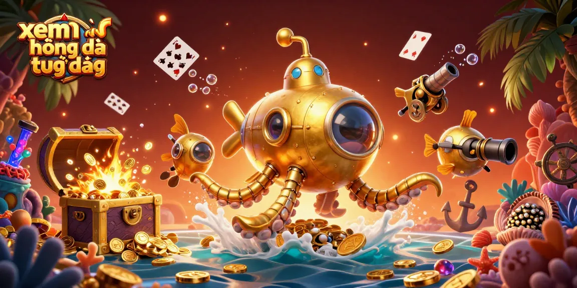 Experience xem bóng đá trực tiếp with a dynamic 3D scene featuring a golden kraken submarine and magical game elements.