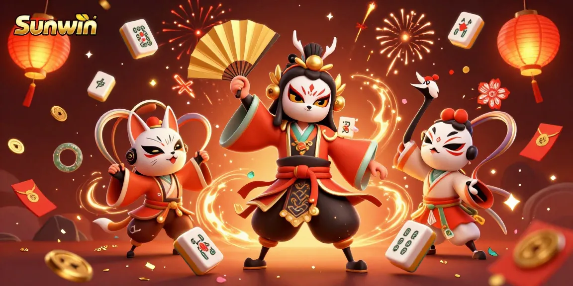 Experience the excitement of Sunwin with a vibrant 3D casino scene featuring lucky symbols and festive characters.