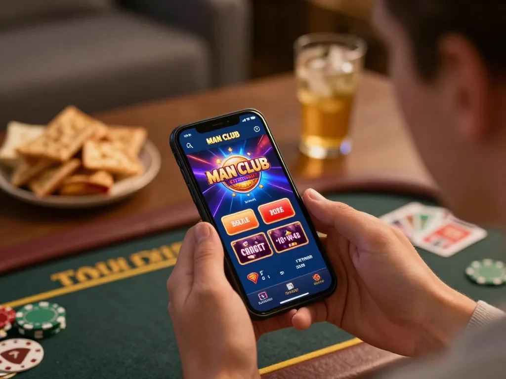 Engaging with the Man Club app for mobile gambling while enjoying snacks and drinks at home.