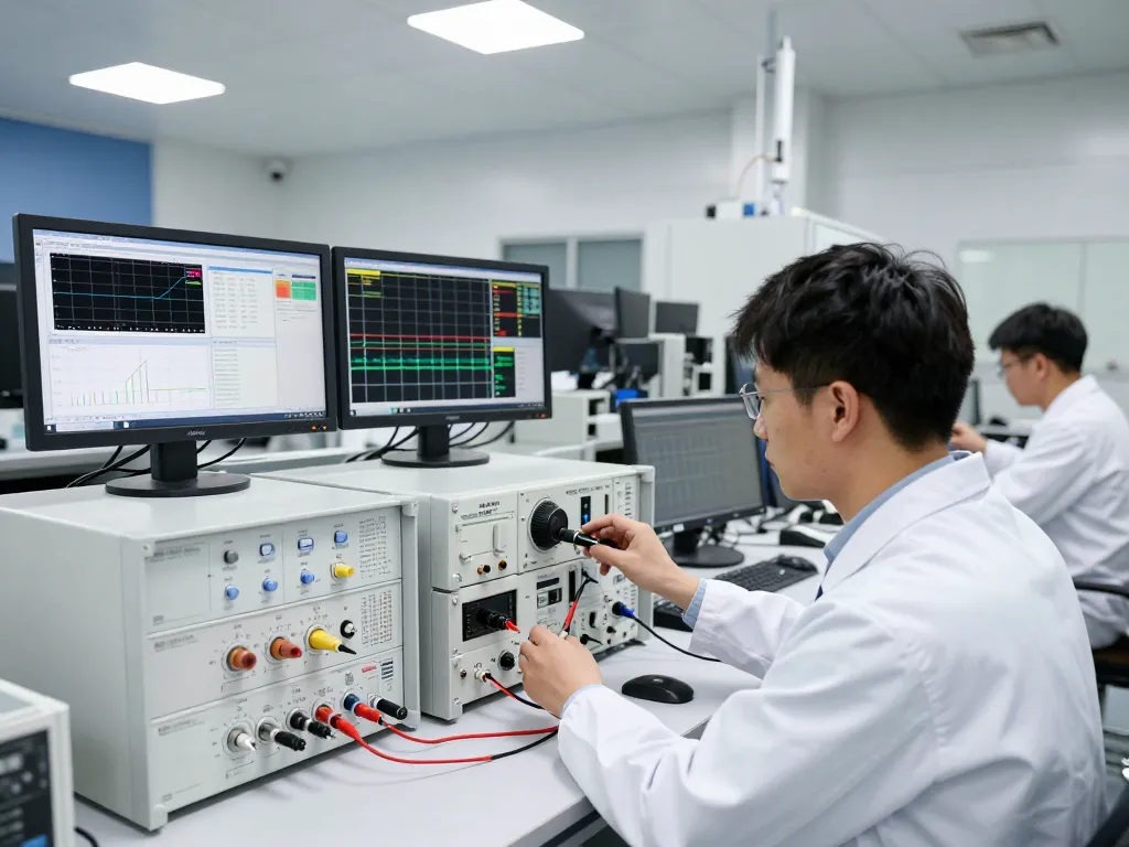 Engineer conducting VSWR measurement in a high-tech EMC testing lab for comprehensive compliance analysis.