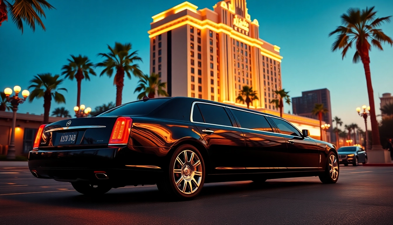 Hollywood Town Car and Limousine parked outside a luxury hotel in Los Angeles at dusk.
