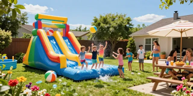 Kids enjoying inflatable water slides water in a vibrant backyard setting during summer.