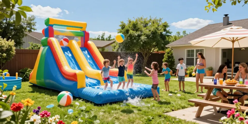 Kids enjoying inflatable water slides water in a vibrant backyard setting during summer.