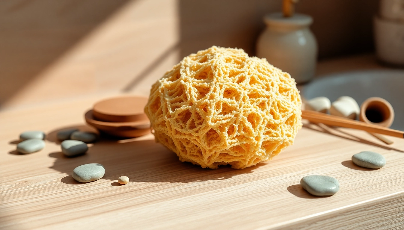 Scrubbing with a raw loofah sponge resting on a natural wooden surface.