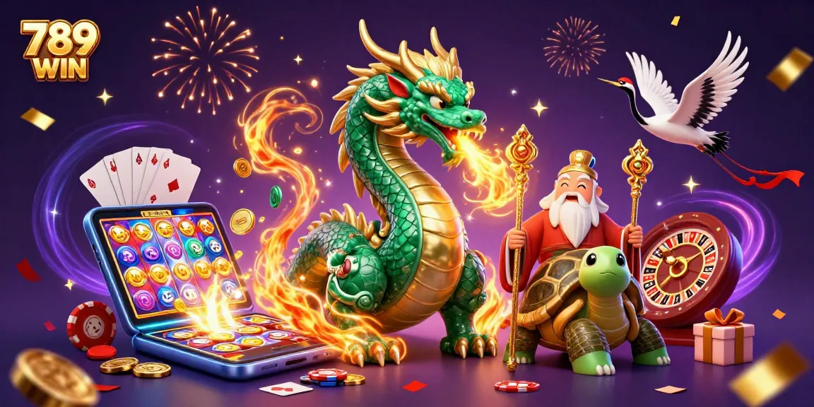 Experience thrilling action at 789 WIN with a vibrant illustration of dragons, sage, and gaming elements.