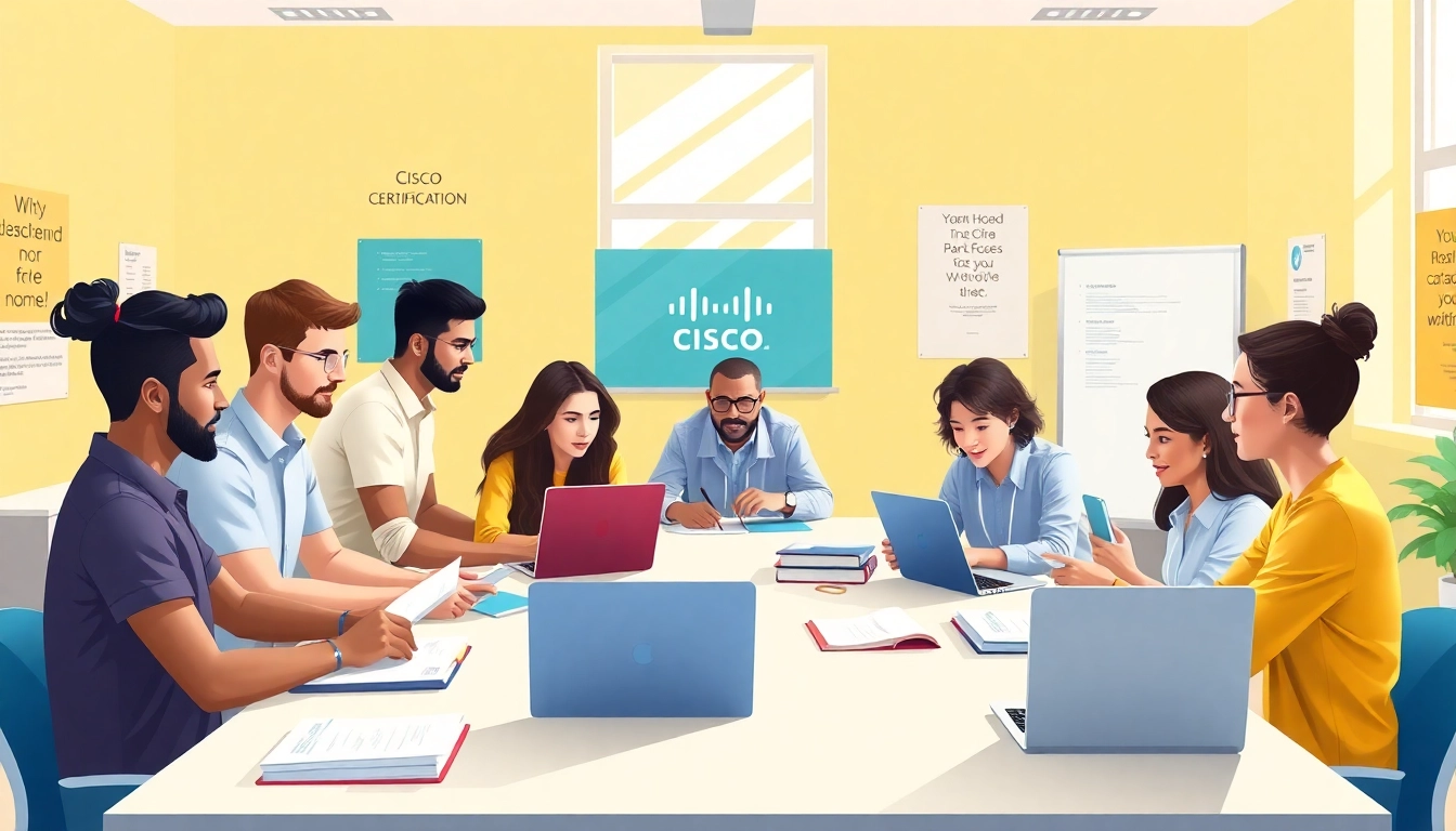 Cisco exam assistance resources utilized by diverse students in a modern classroom setting.