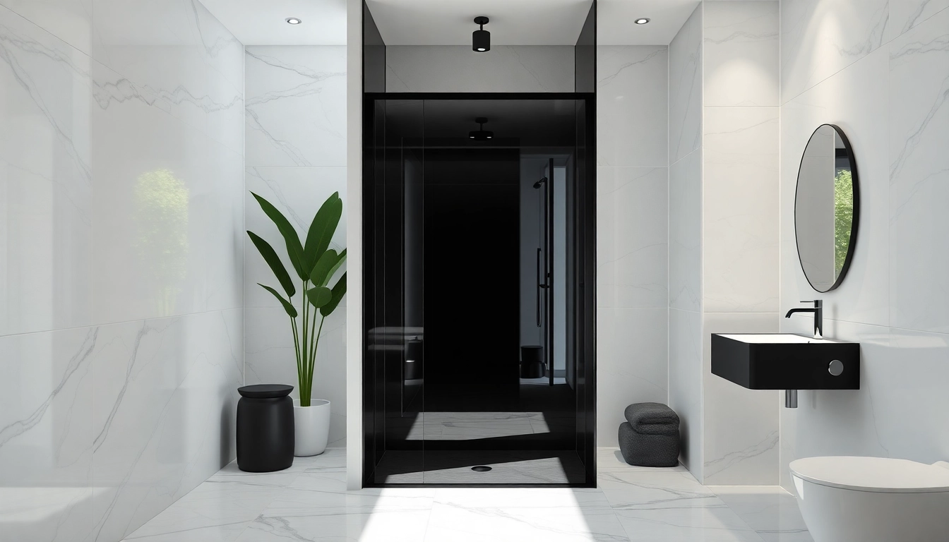 Enhance your bathroom with a modern black shower door reflecting elegance and style.