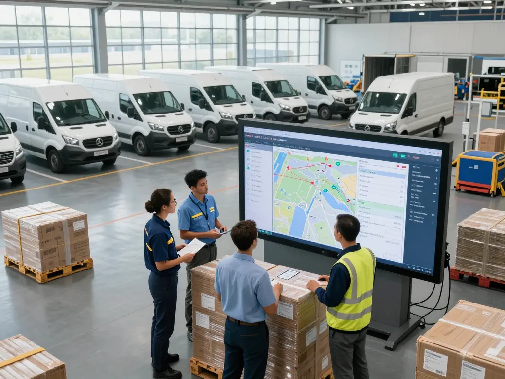 Haulage solutions in action at a busy logistics hub with vehicles and professionals coordinating shipments.