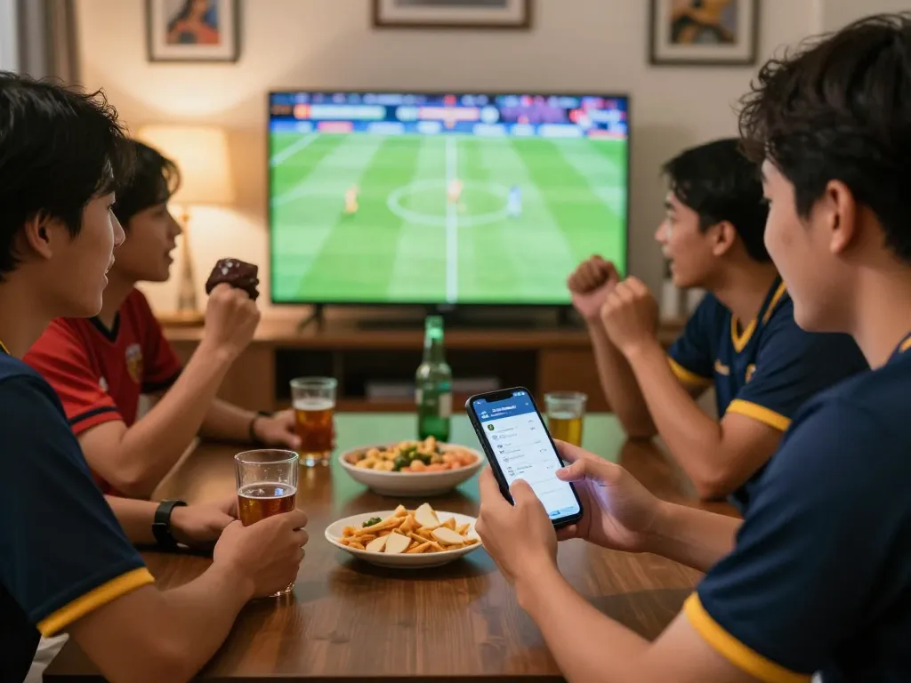 Teman-teman yang bersemangat menikmati Judi Bola sambil menonton pertandingan sepak bola, memasang taruhan di smartphone.