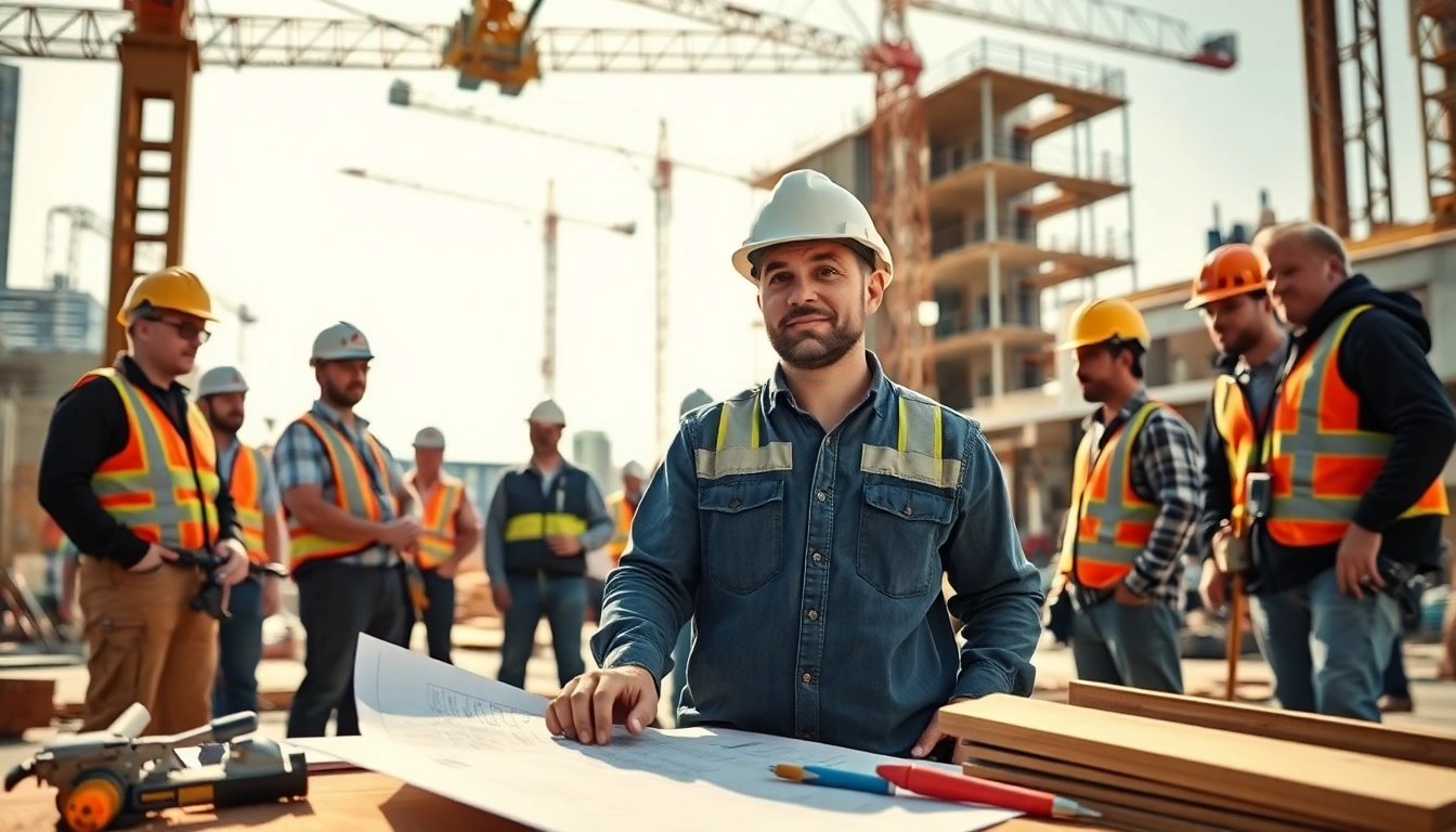 New Jersey General Contractor supervising a construction site with blueprints and diverse workers.
