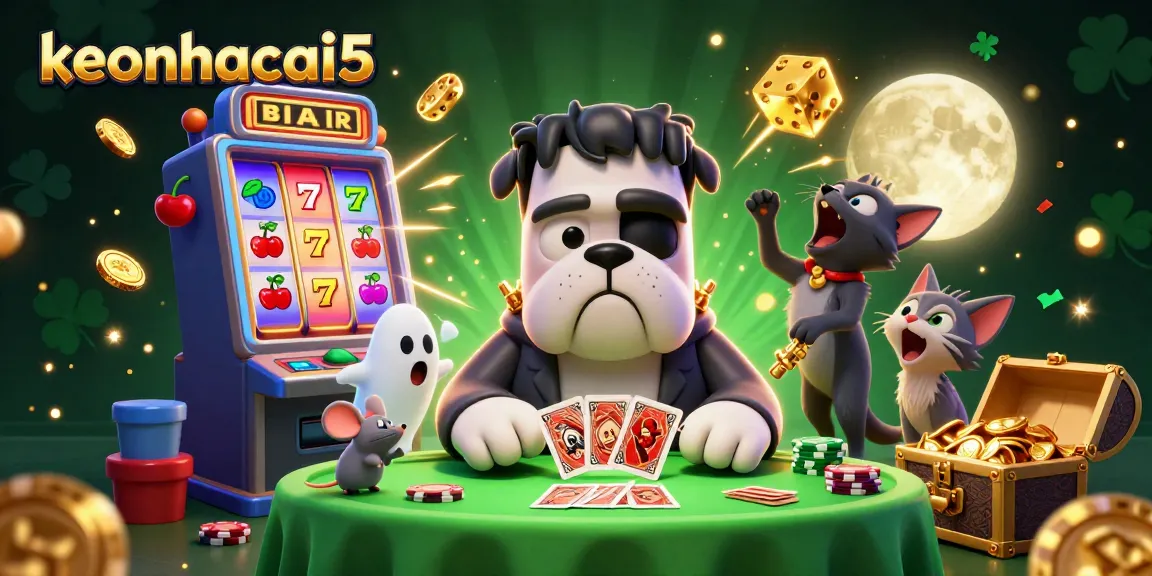 Experience the thrill of keonhacai5 with a Frankenstein bulldog and ghost mouse in an exciting casino setting.