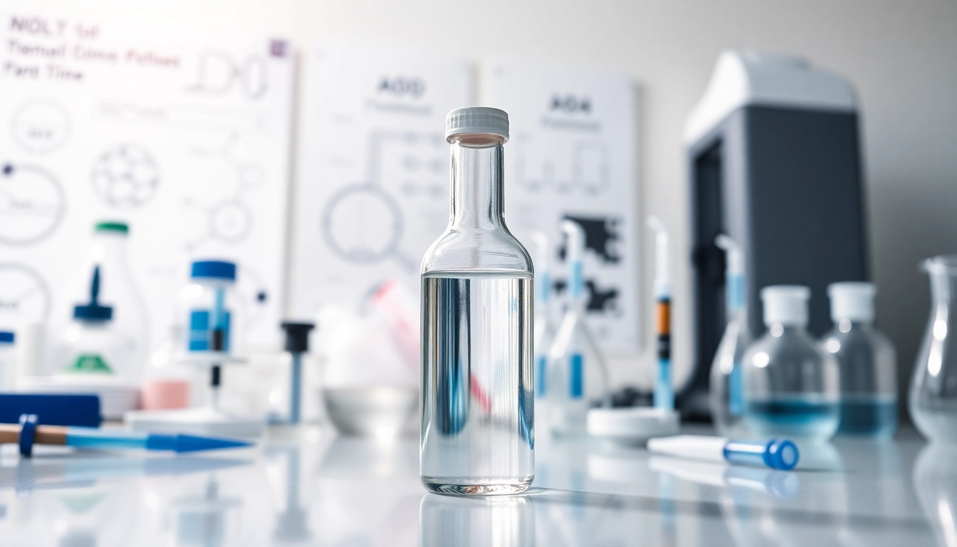 AOD-9604 research setup highlighting glass vial in a professional lab environment.