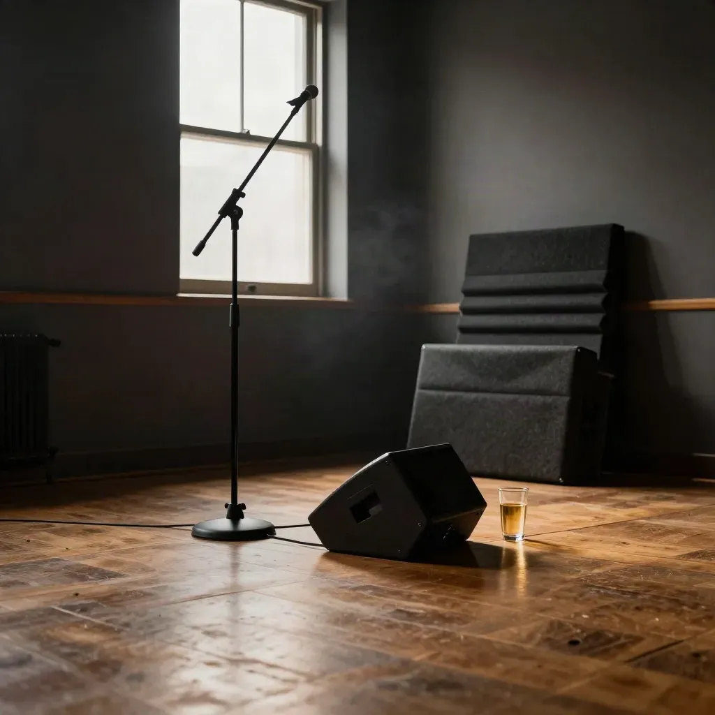 Low rehearsal room with mic stand, speaker wedge, acoustic baffles and water glass in warm haze.