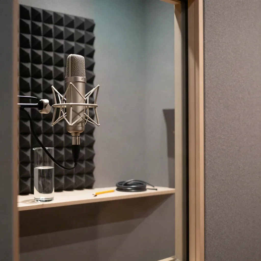 Sound-treated voice booth with mic, acoustic foam, water carafe, and pencil on a ledge.