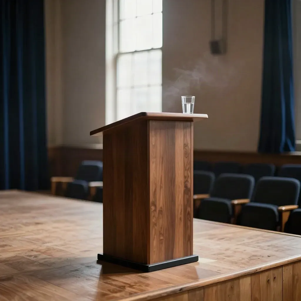 Empty lecture podium on a lit stage with blurred seats, a water glass, and soft haze.